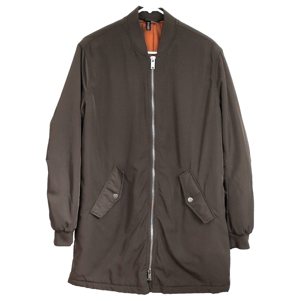 H&M Olive Bomber Jacket Orange Lining Mid-Length Double Zip Military Size M